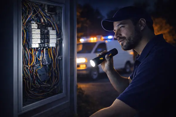 a male electrician techinician checking an outside circuit box with a flashlight from Electrician Richardson TX in Richardson, TX - Electrician near me a male electrician techinician checking an outside circuit box with a flashlight from Electrician Richardson TX in Richardson, TX - Electrician near me