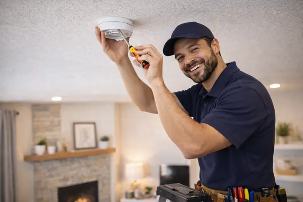 a smiling electrician installing a smoke alarm from Electrician Richardson TX in Richardson, TX - Electrician near me a smiling electrician installing a smoke alarm from Electrician Richardson TX in Richardson, TX - Electrician near me