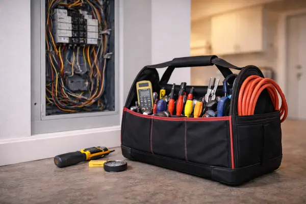 an electrician tool bag next to a braker panel from Electrician Richardson TX in Richardson, TX - Electrician near me an electrician tool bag next to a braker panel from Electrician Richardson TX in Richardson, TX - Electrician near me